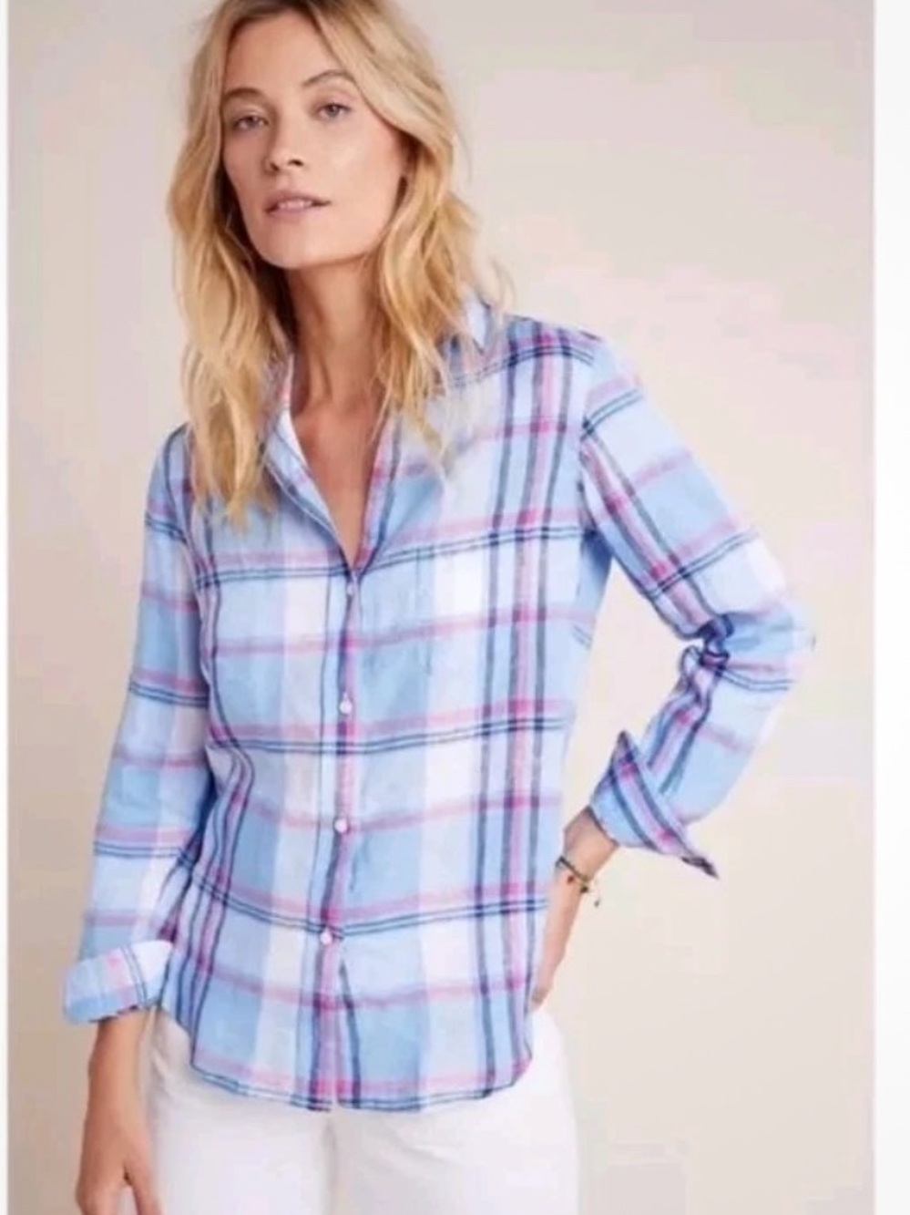 GRAYSON| The Hero Linen Shirt Blue Plaid Button Down Large Preppy - Picture 3 of 11